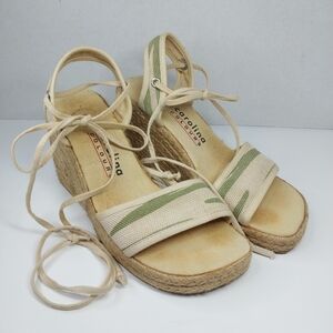 Carolina Colours Size 7 Tan Green Espadrille Wedge Y2K Tie Ankles Sandals Shoes